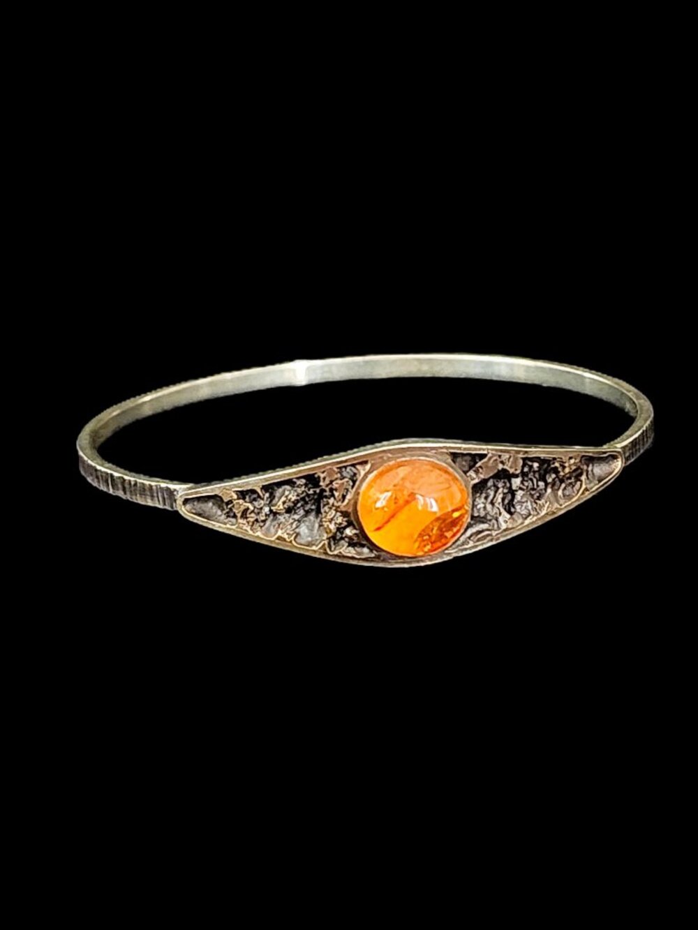 Vintage 70s Sterling Silver Brutalist Baltic Amber Bangle Bracelet 16g 925